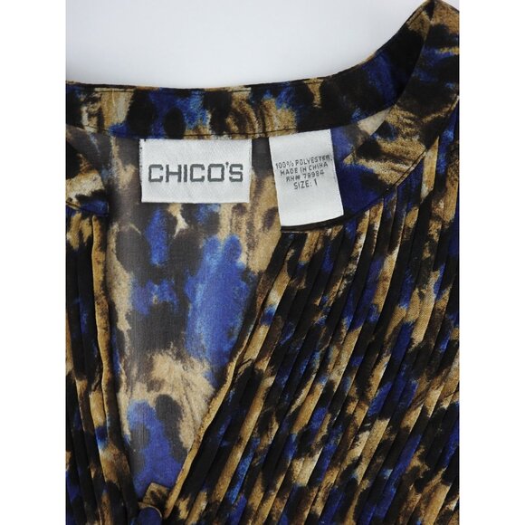 Chicos Sz 1 (M) Blue Brown Animal Print Sheer Blouse LS Pintuck Button Front - Picture 9 of 10